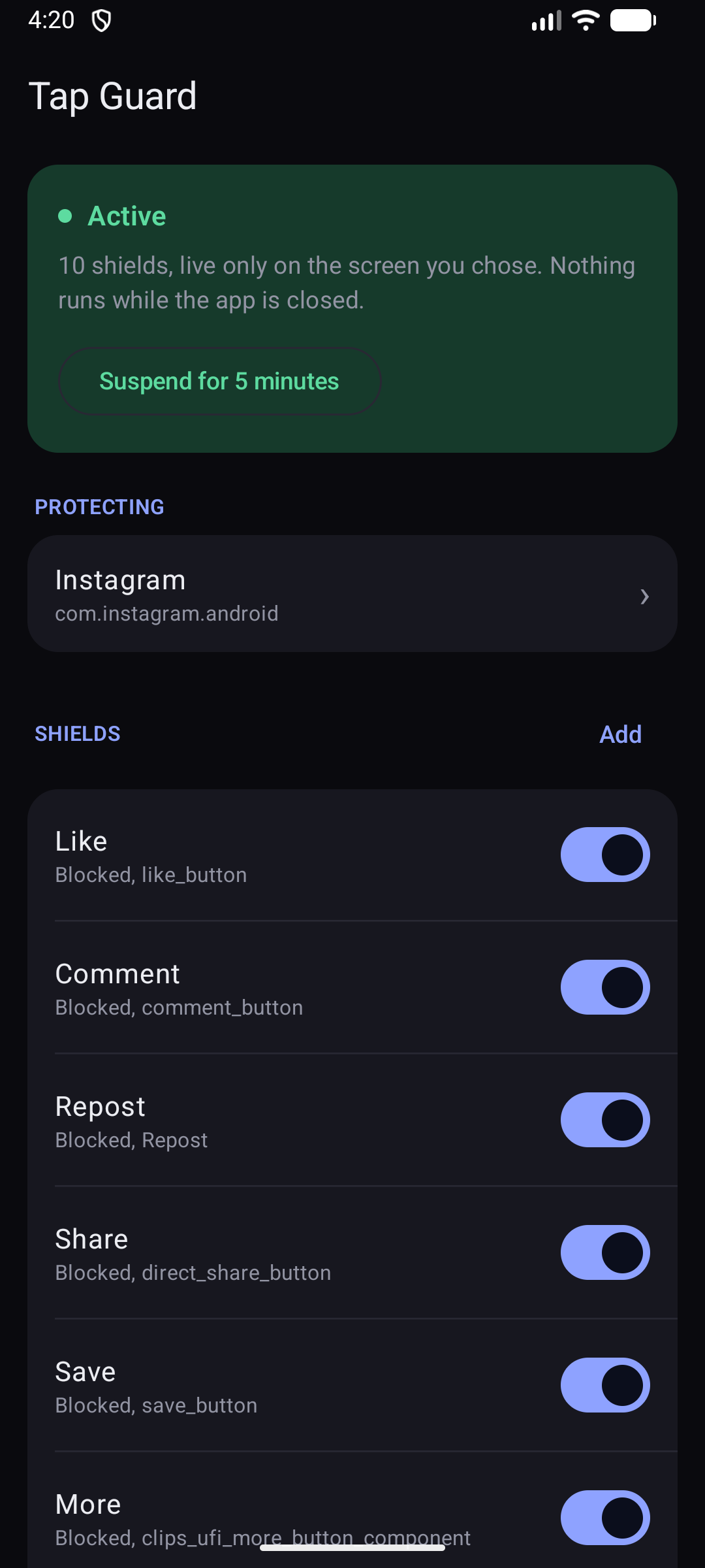 Tap Guard home screen showing ten active shields