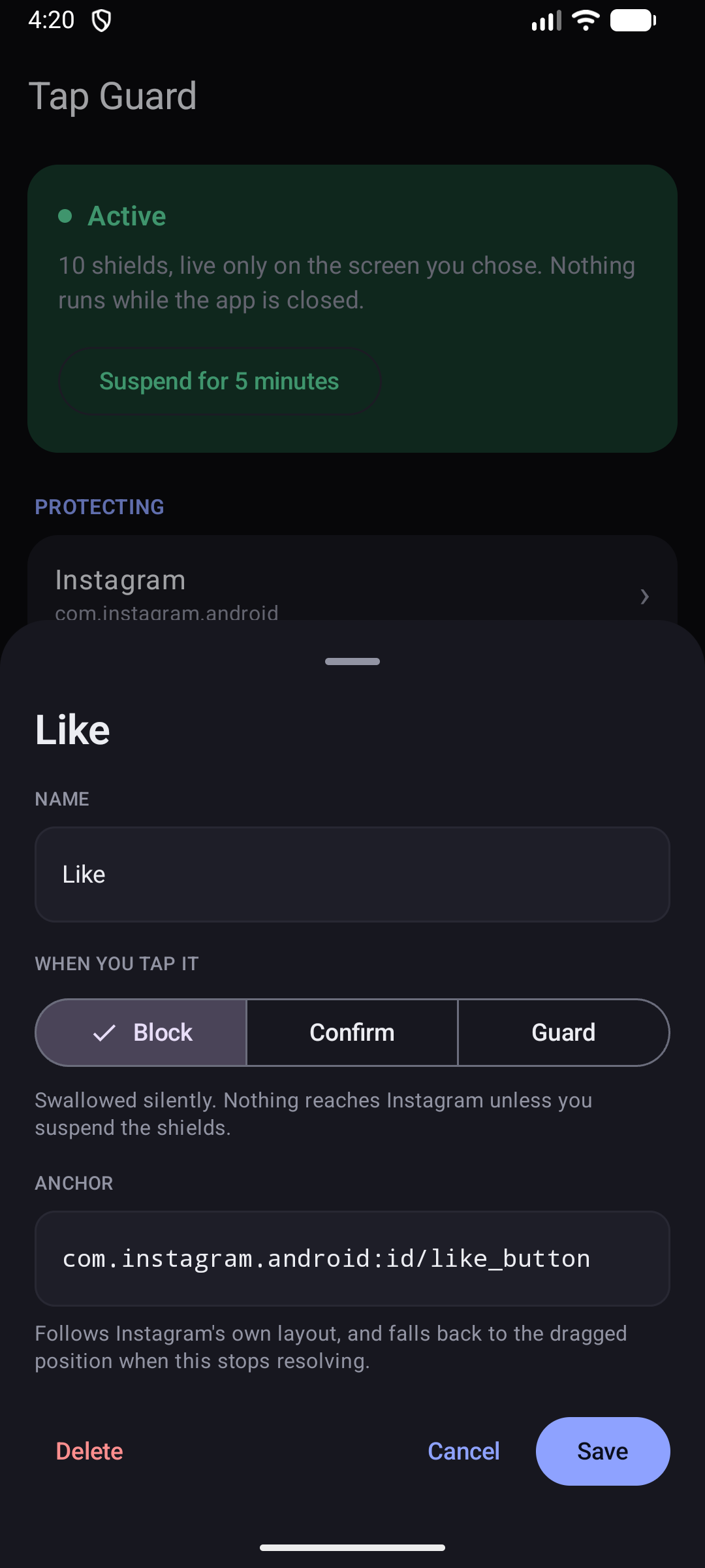 Editing a shield, choosing between Block, Confirm and Guard