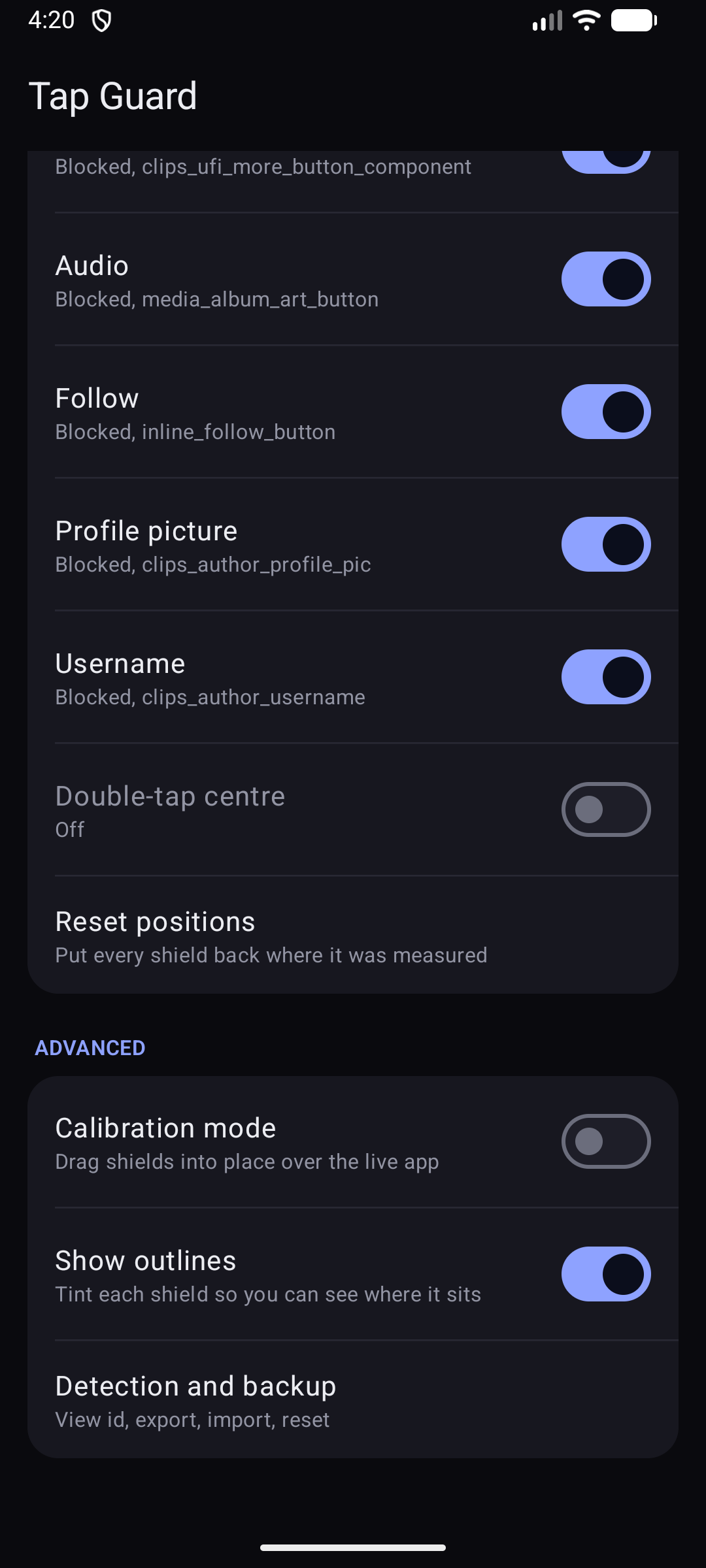 Advanced settings including calibration mode